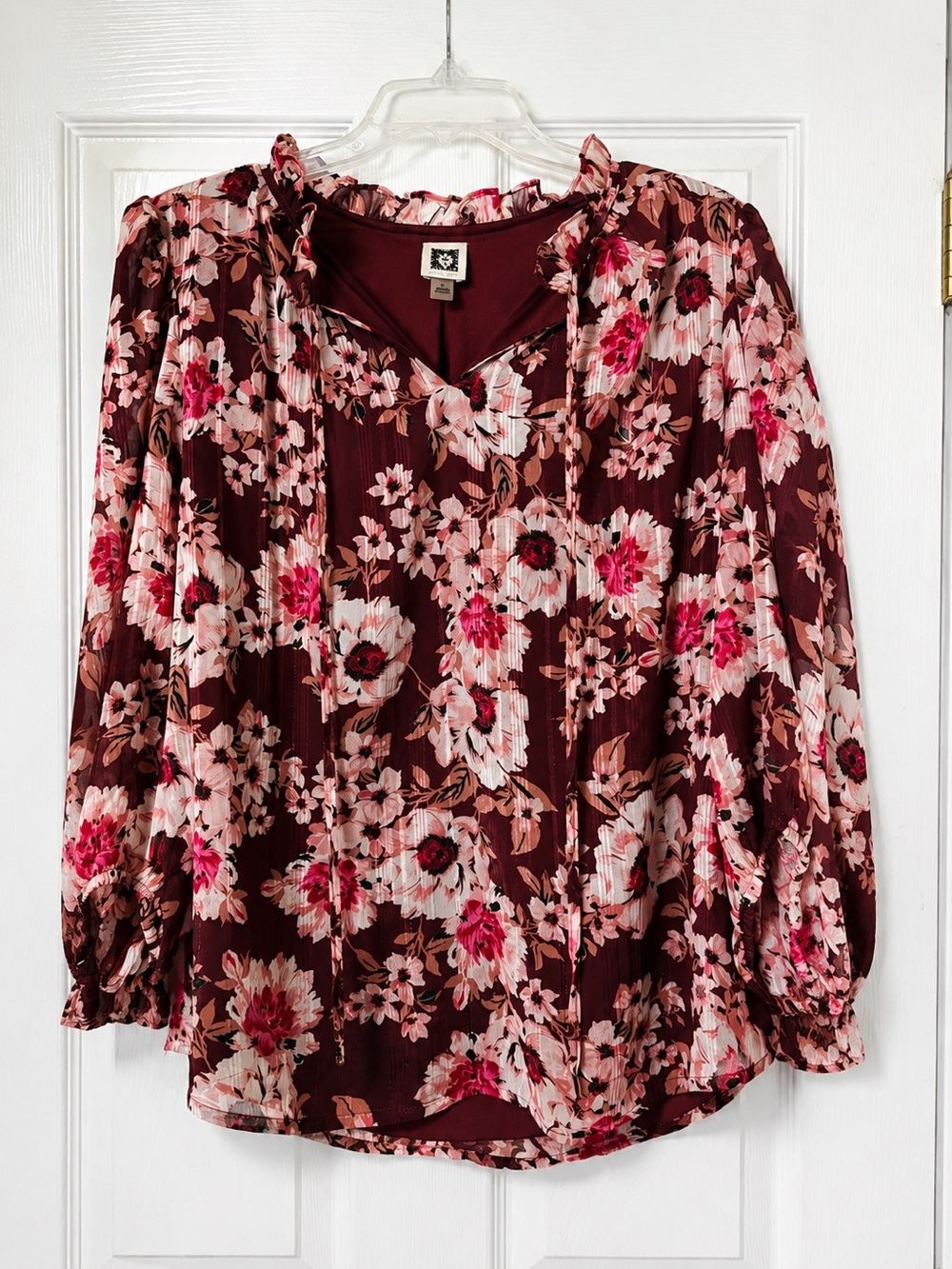 Anne Klein Burgundy Floral Ruffle V-Neck Blouse Metallic Shimmer Boho L
